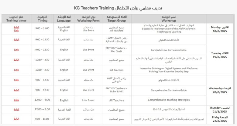 جدول تدريب المعلمين لشهر أغسطس 2025