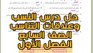 حل درس ﺍﻟﻨﺴﺐ وعلاقات ﺍﻟﺘناسب الصف السابع الفصل الأول