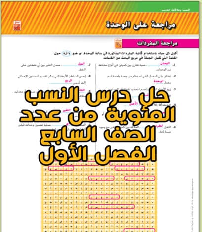 حل درس ﺍﻟﻨﺴﺐ ﺍﻟﻤﺌﻮﻳﺔ من عدد الصف السابع الفصل الأول