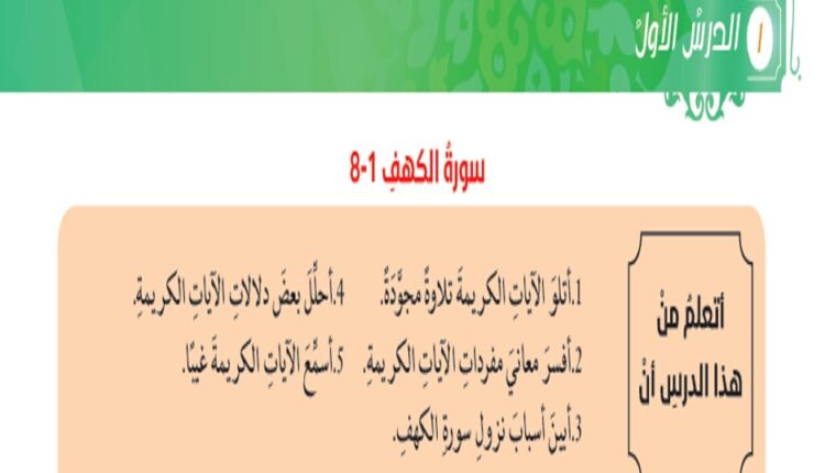 حل درس سورة الكهف 1 8 اسلامية للصف العاشر