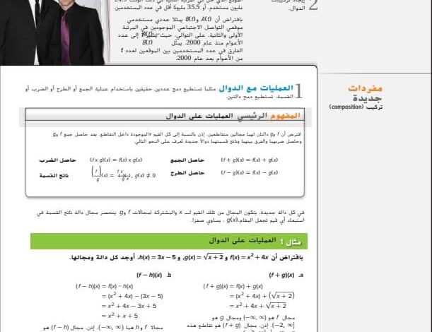 حل درس العمليات على الدوال وتركيب الدوال للصف الثاني عشر الفصل الأول
