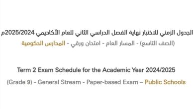 جدول اختبارات الصف التاسع 2025
