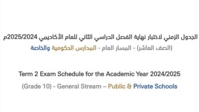 جدول اختبارات الصف العاشر 2025 جميع المسارات