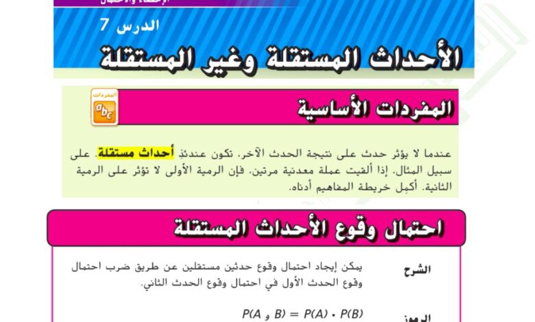 حل درس الأحداث المستقلة وغير المستقلة للصف السابع الفصل الثالث