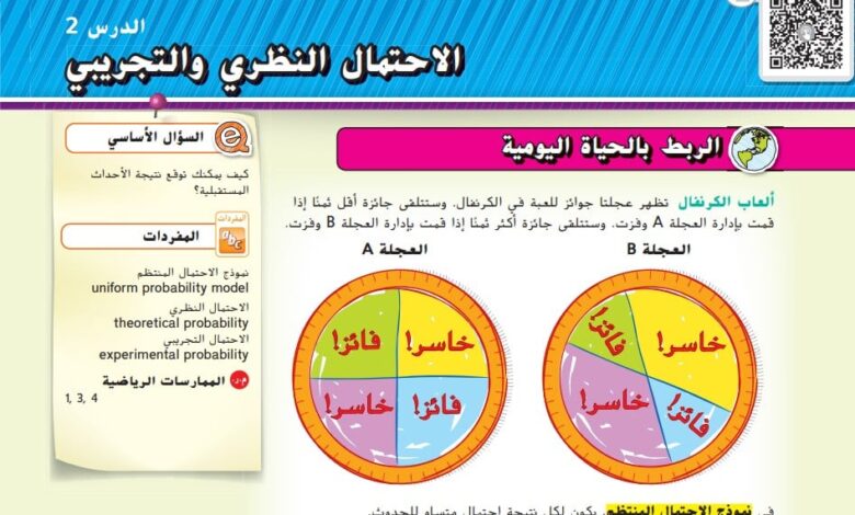 حل درس الاحتمال النظري والتجريبي للصف السابع الفصل الثالث