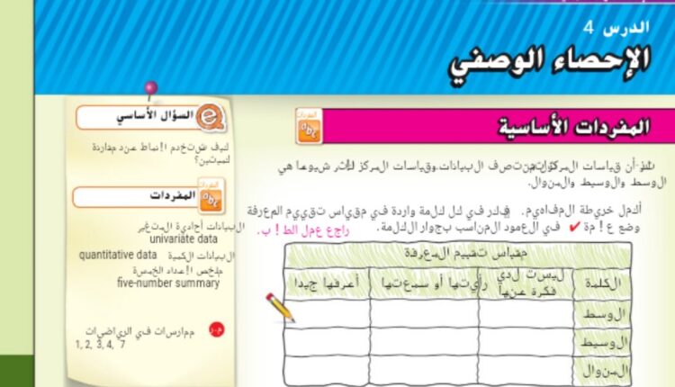 حل درس الاحصاء الوصفي للصف الثامن الفصل الثالث