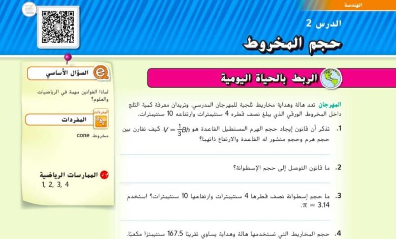 حل درس حجم المخروط للصف السابع الفصل الثالث