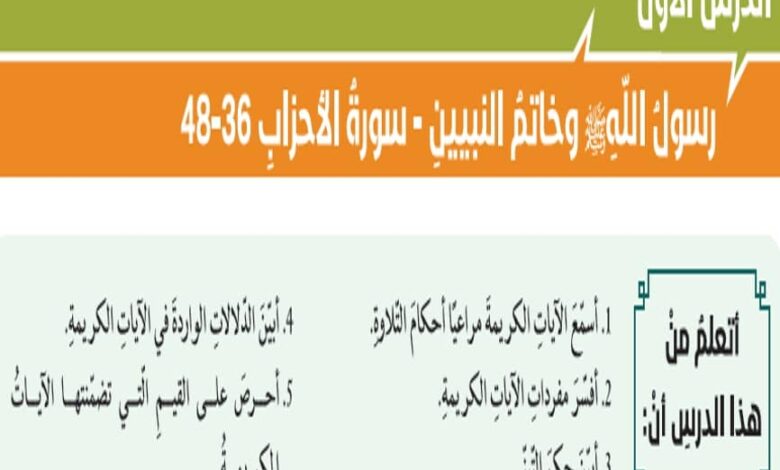 حل درس رسول الله وخاتم النبيين للصف الحادي عشر الفصل الثاني