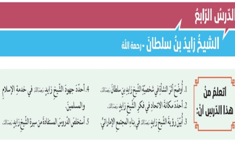حل درس الشيخ زايد بن سلطان للصف الثاني عشر الفصل الثالث