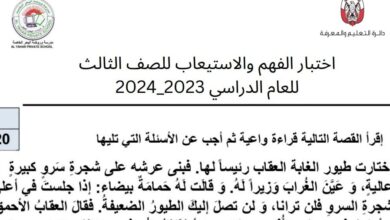 اختبار الفهم والاستيعاب عربي للصف الثالث الفصل الثالث