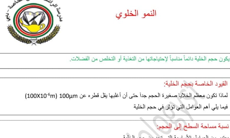 حل درس النمو الخلوي للصف التاسع متقدم الفصل الثالث