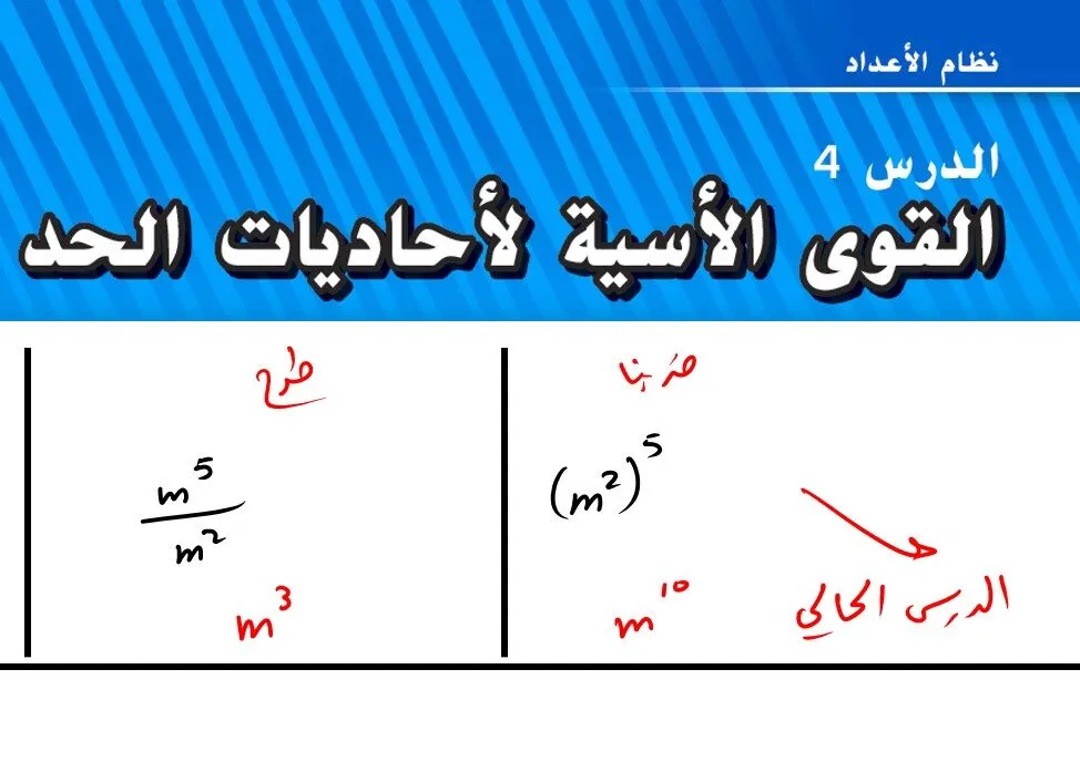 حل درس القوى الاسية لأحاديات الحد للصف الثامن الفصل الاول