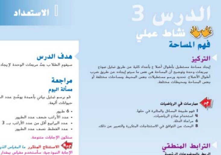 حل درس فهم المساحة للصف الثالث الفصل الثالث