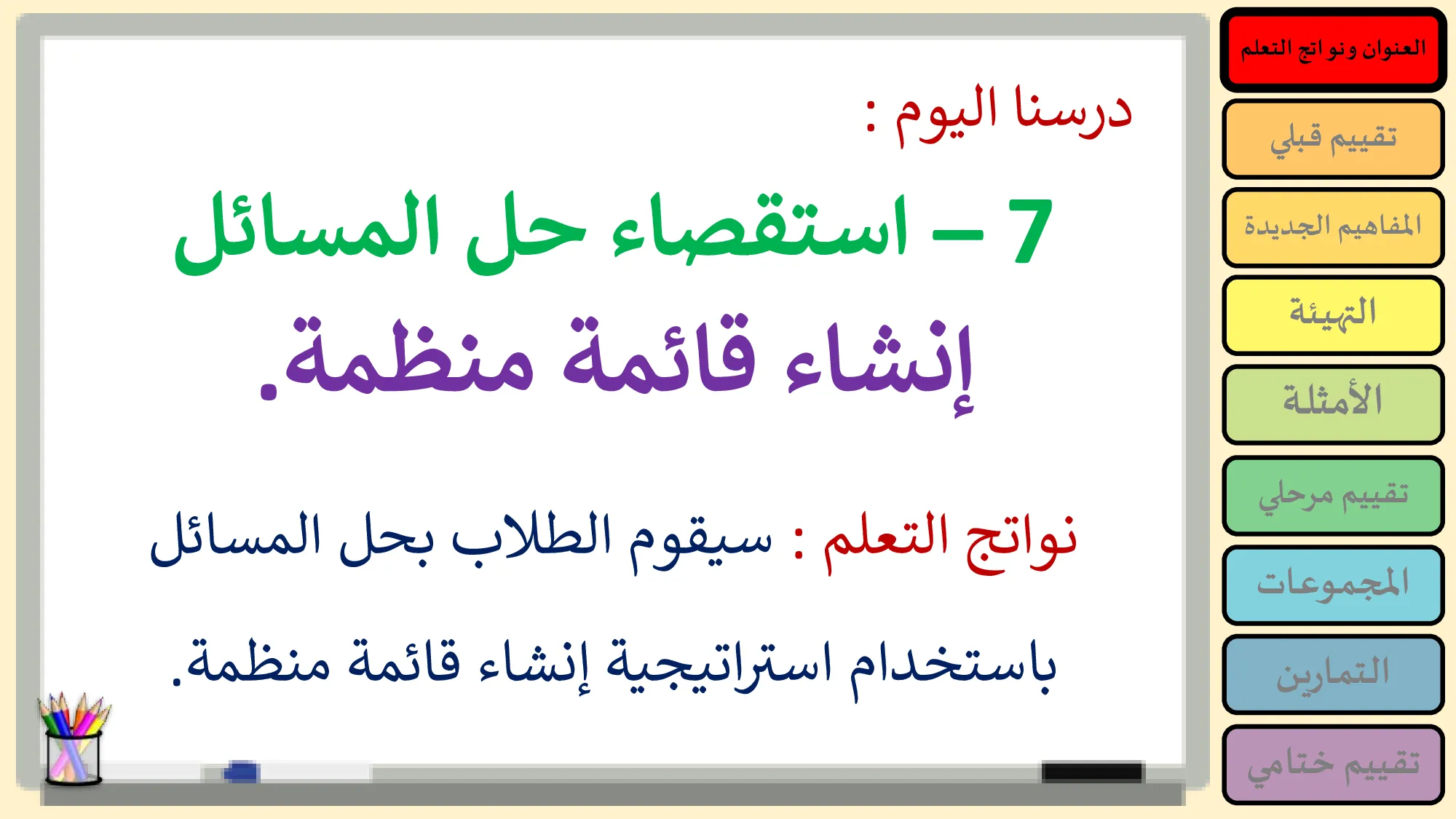 حل المسائل انشاء قائمة منظمة رياضيات الصف الرابع