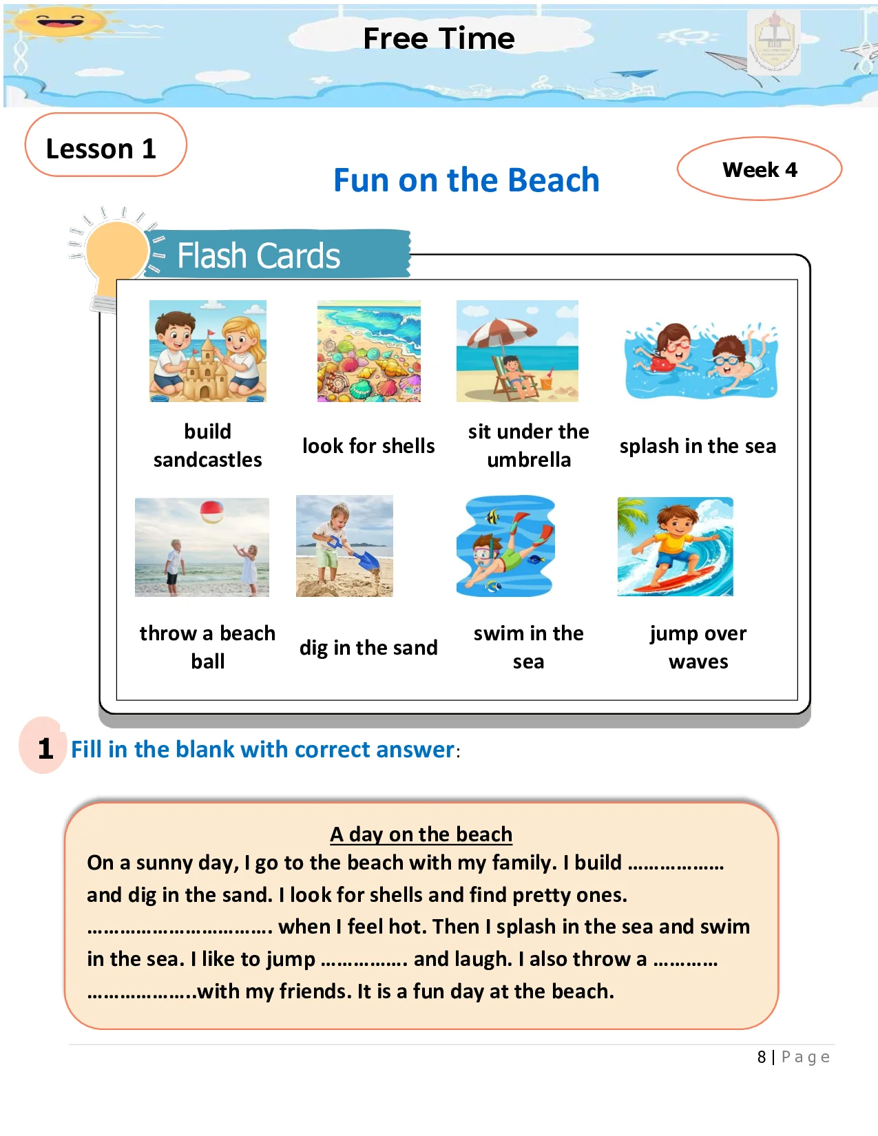 اوراق عمل الأسبوع 4 Fun on the Beach انجليزية الصف الثاني