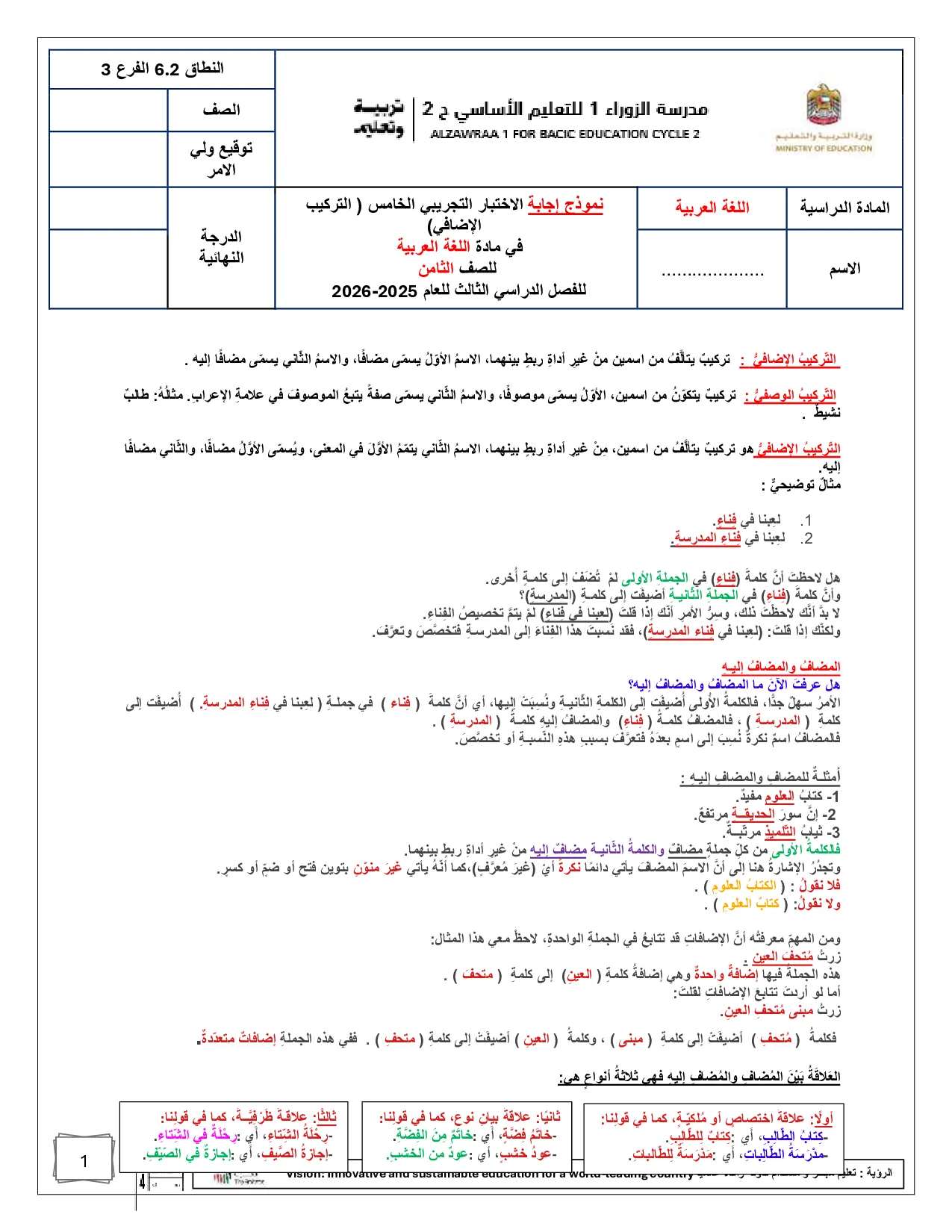 حل نموذج الاختبار التجريبي لدرس التركيب الاضافي الصف الثامن الفصل الثالث