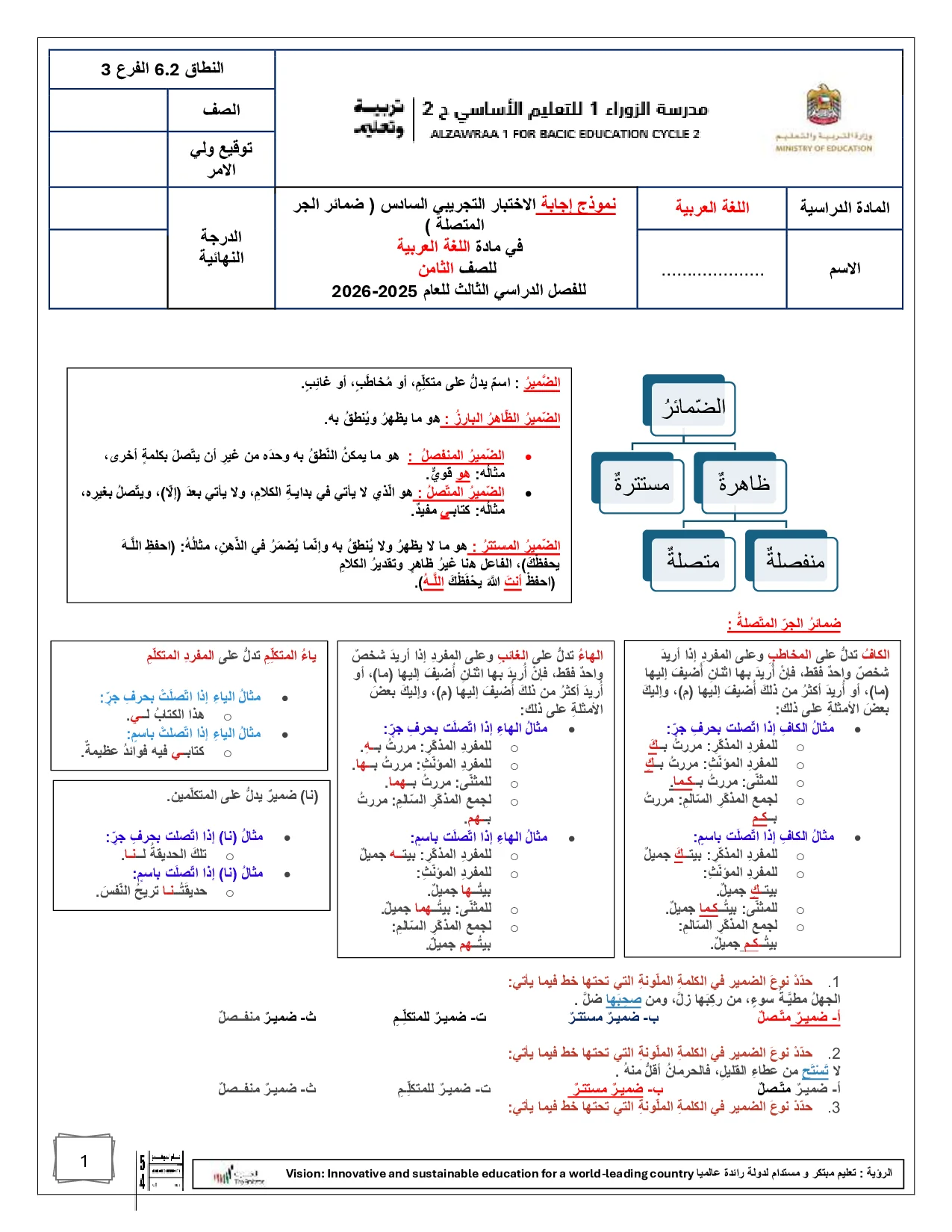 حل نموذج الاختبار التجريبي لدرس ضمائر الجر المتصلة الصف الثامن الفصل الثالث