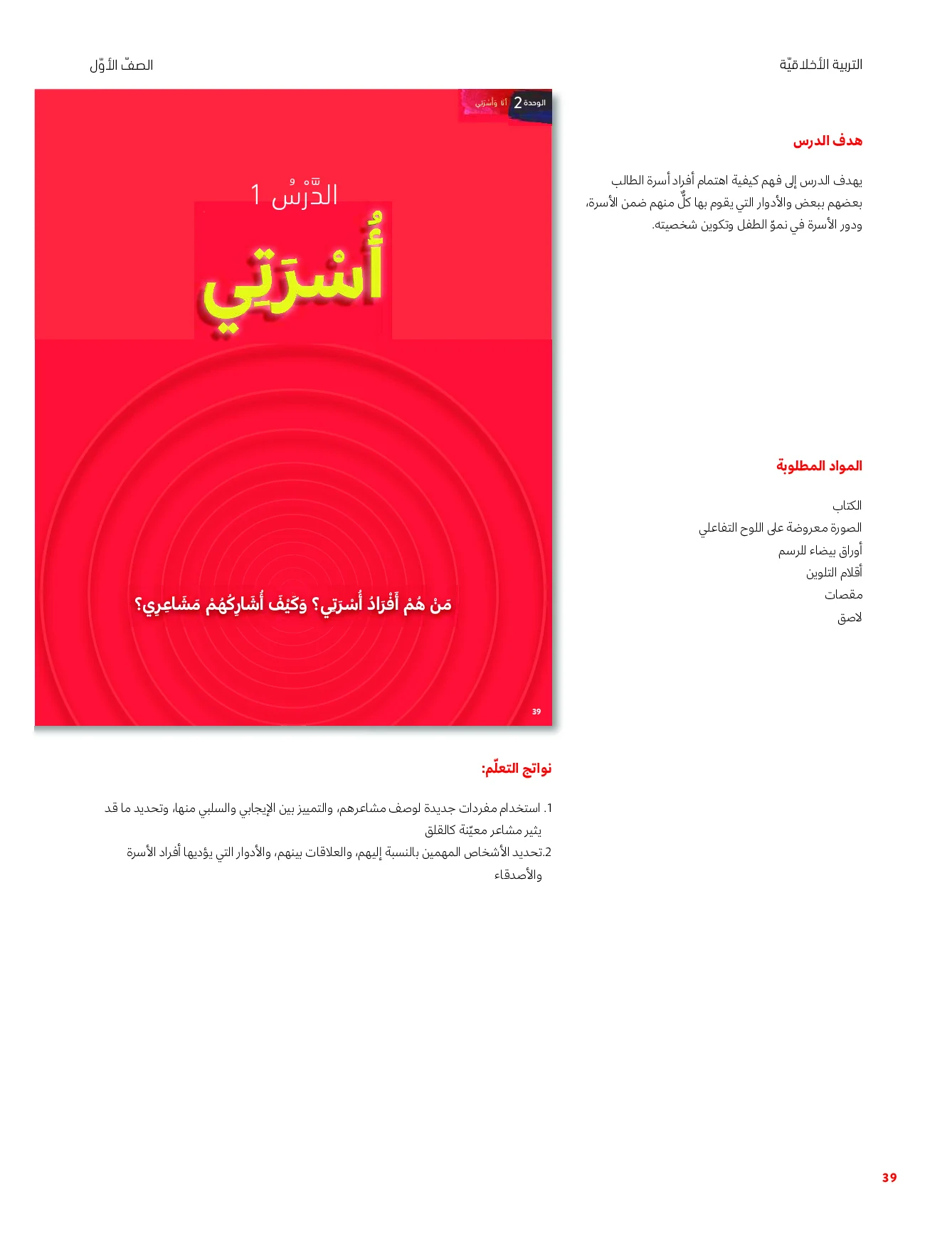 حل درس أسرتي اخلاقية الصف الاول الفصل الاول