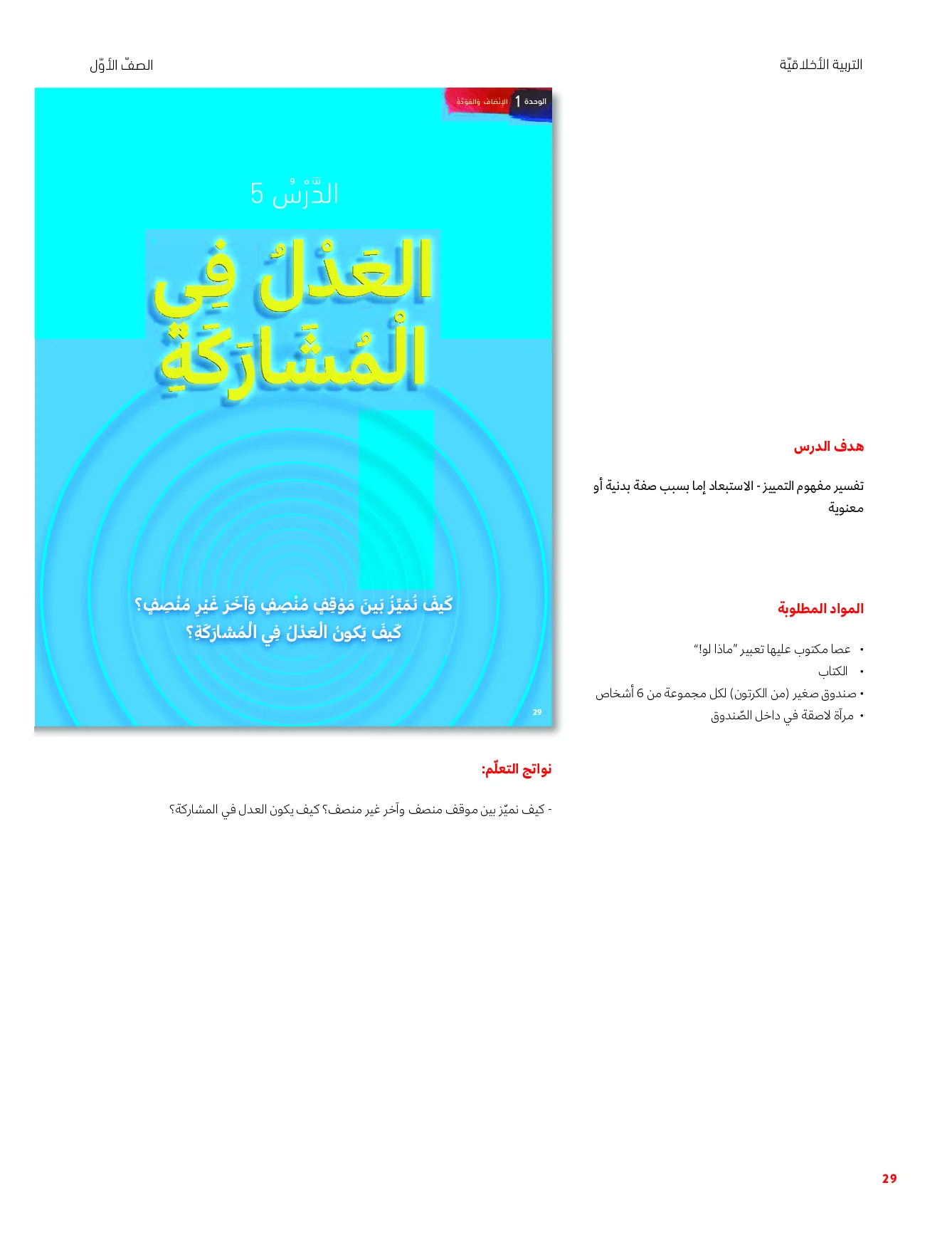 حل درس العدل في المشاركة اخلاقية الصف الاول الفصل الاول