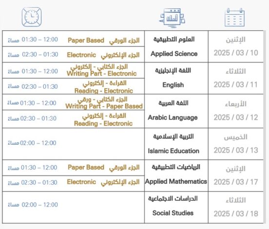 جدول اختبار نهاية الفصل الثاني للصف الثاني عشر المسار التطبيقي المدارس الحكومية والخاص جدول اختبار نهاية الفصل الثاني للصف الثاني عشر المسار التطبيقي المدارس الحكومية والخاص