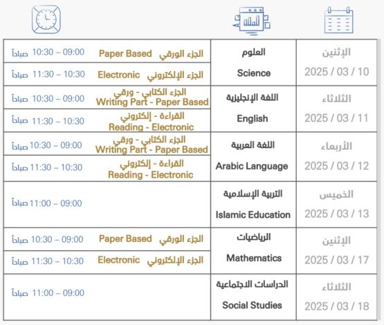 جدول اختبارات نهاية الفصل الثاني الصف التاسع عام المدارس الخاصة