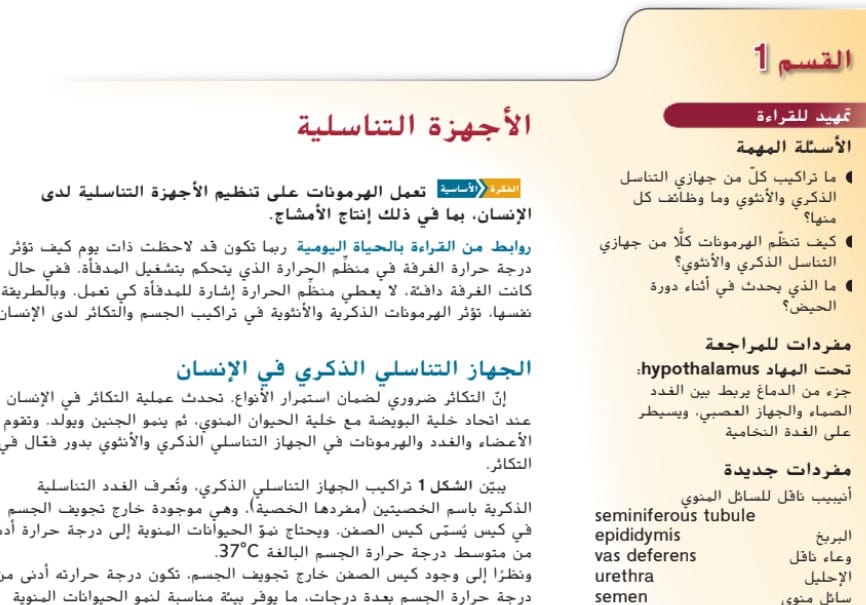 حل درس الاجهزة التناسلية للصف التاسع متقدم الفصل الثالث