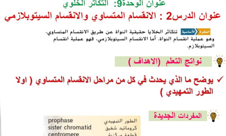 حل درس الانقسام المتساوي والانقسام السيتوبلازمي للصف التاسع متقدم الفصل الثالث