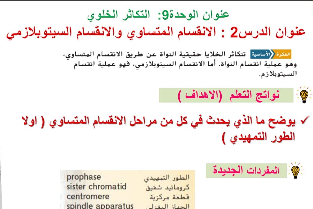 حل درس الانقسام المتساوي والانقسام السيتوبلازمي للصف التاسع متقدم الفصل الثالث