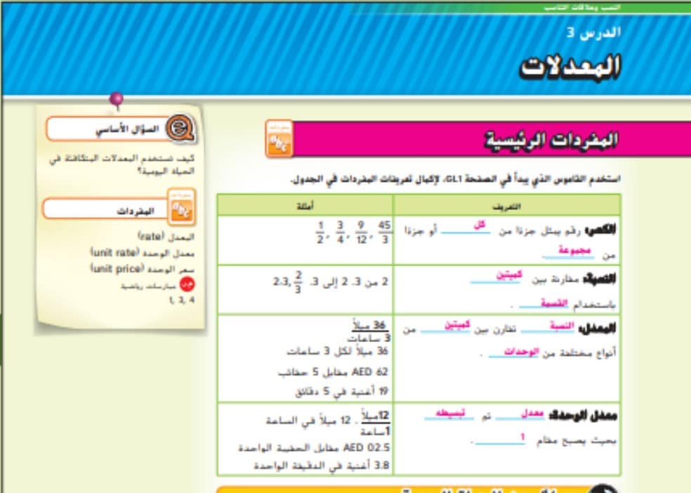 حل درس المعدلات للصف السادس الفصل الاول