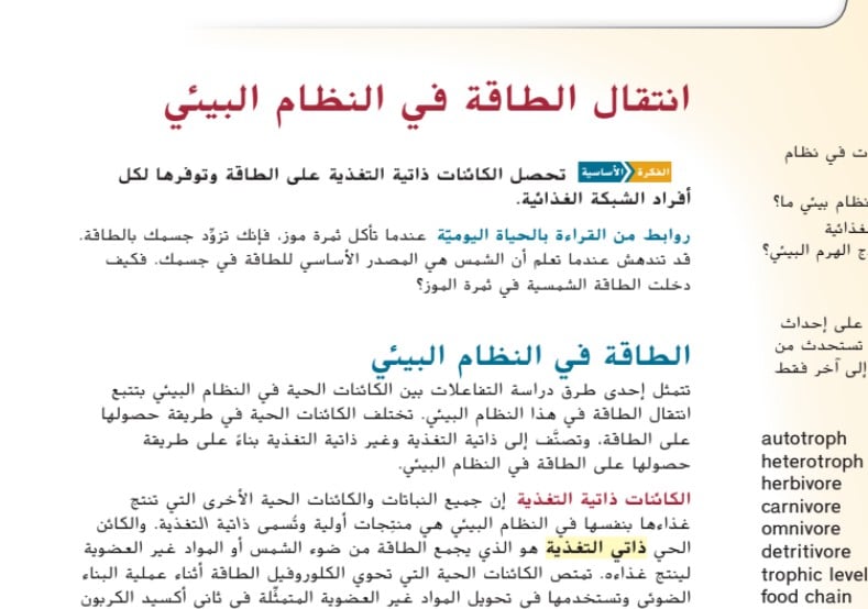 حل درس انتقال الطاقة في النظام البيئي للصف التاسع متقدم الفصل الثالث