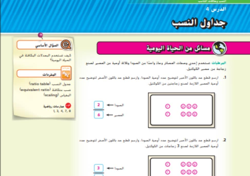 حل درس جداول النسب للصف السادس الفصل الاول