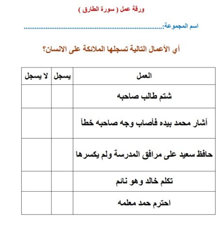 ورقة عمل سورة الطارق للصف الرابع الفصل الأول ورقة عمل سورة الطارق للصف الرابع الفصل الأول